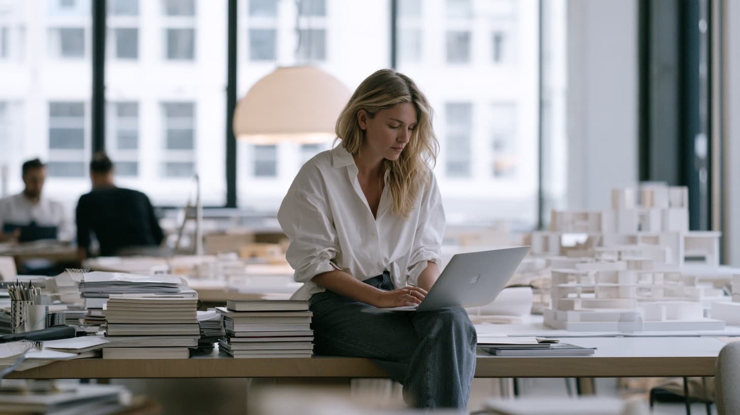 Lea in ihrem Architekturbüro – die Protagonistin der Kurs-Story