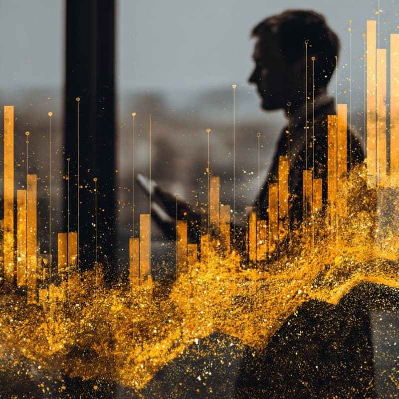 Silhouette einer Fachperson vor aufsteigenden goldenen Datenströmen