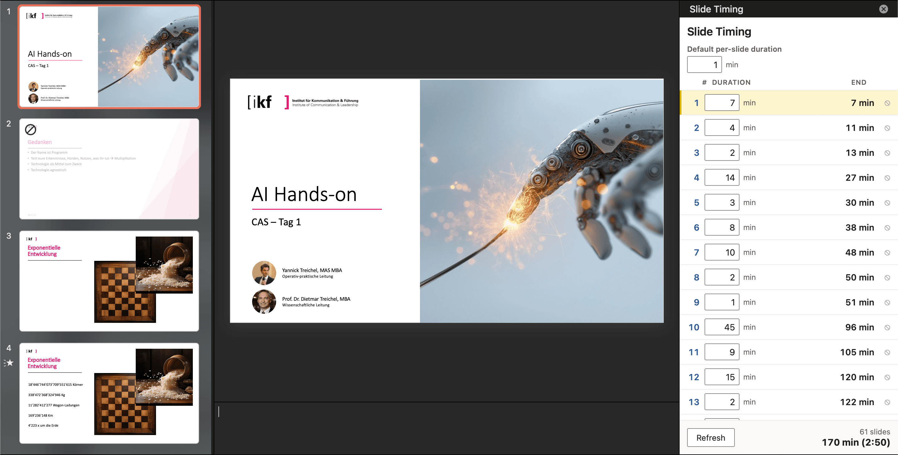 Screenshot des selbst gebauten PowerPoint-Add-ins: Folien mit geschätzter Dauer und automatisch summierter Gesamtzeit