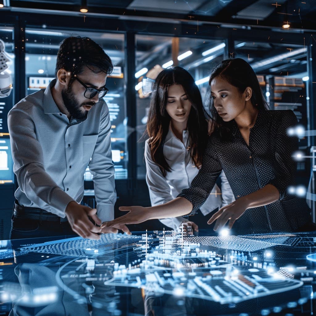 Ein Team plant die KI-Transformation an einem interaktiven Visualisierungstisch