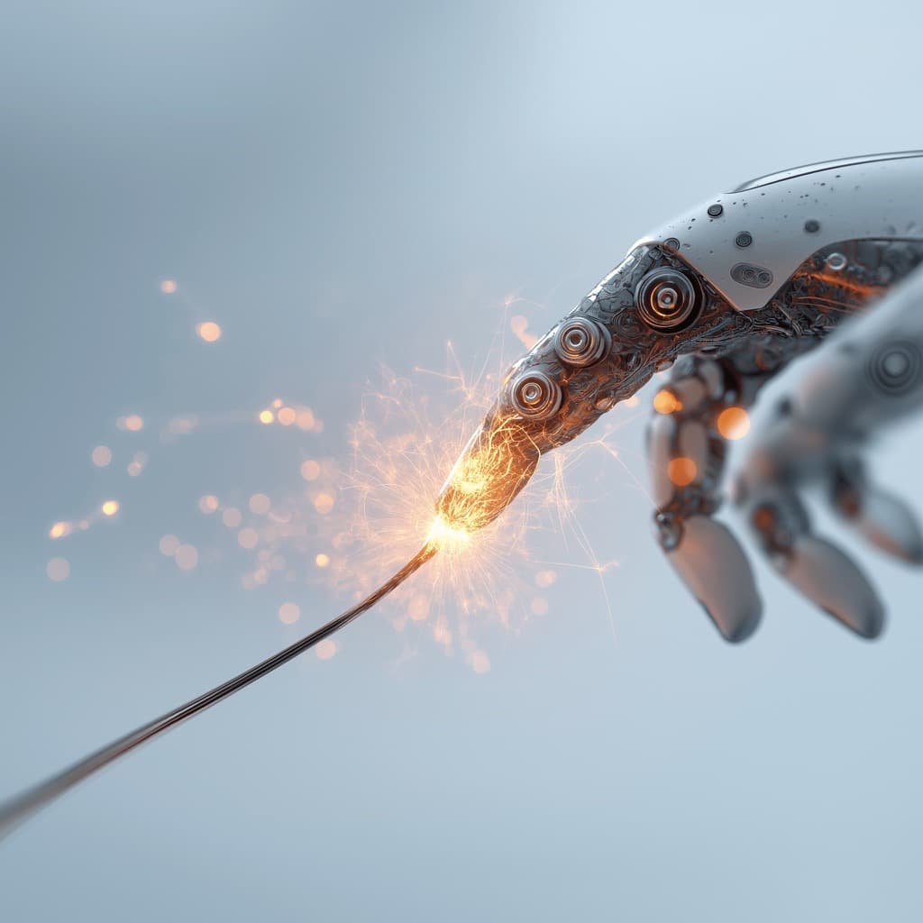 Roboterhand berührt einen Draht, an dem ein Funke überspringt
