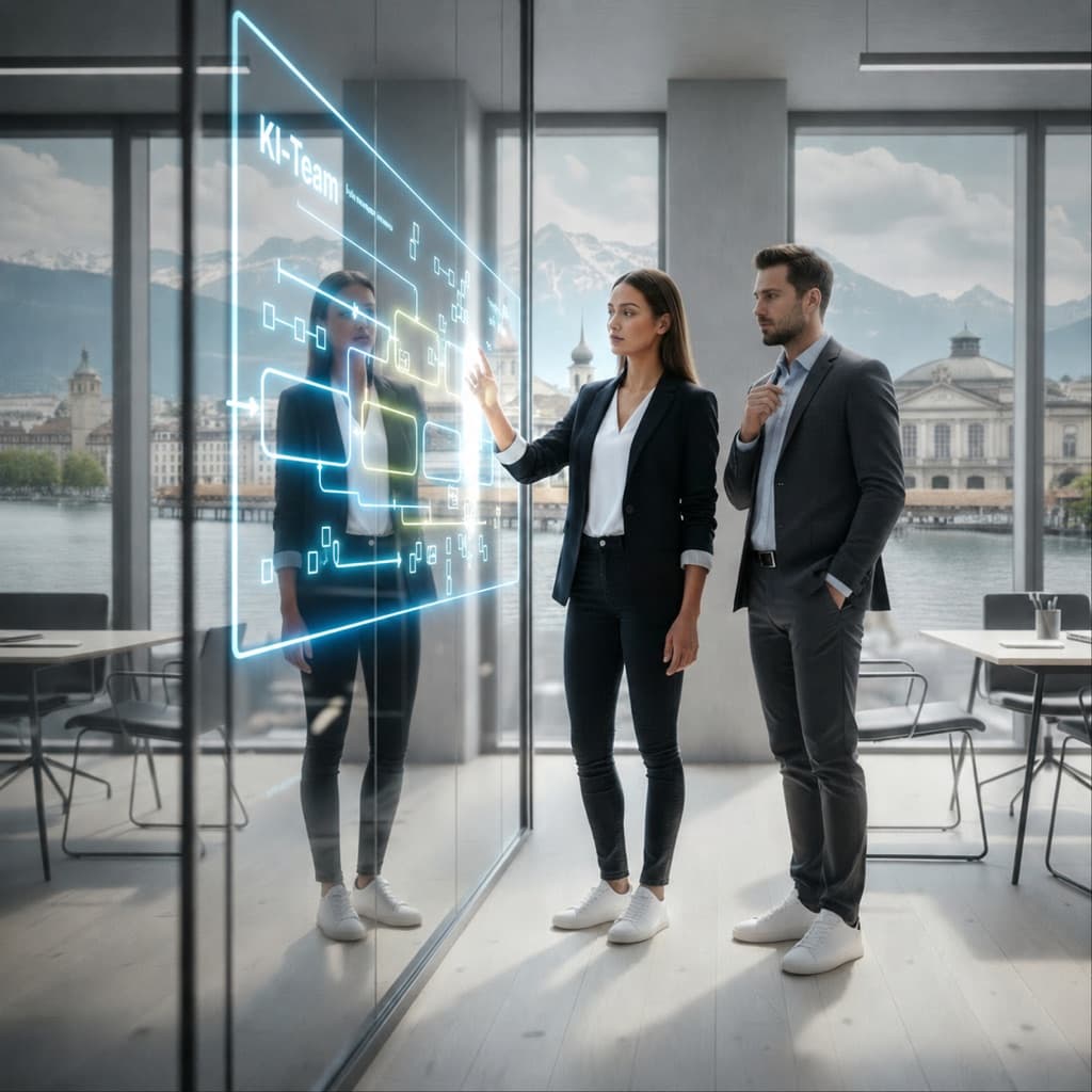 Zwei Fachpersonen planen ihr KI-Team an einem interaktiven Board