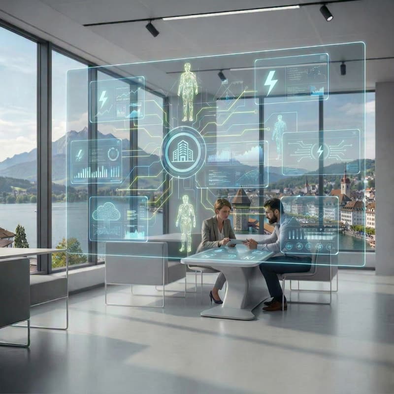 Zwei Personen besprechen ihr KI-System vor der Kulisse von Luzern