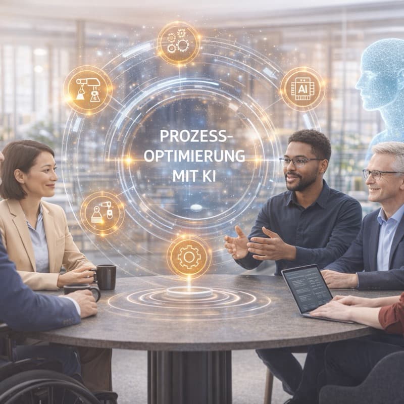 Ein Team bespricht Prozessoptimierung mit KI am runden Tisch